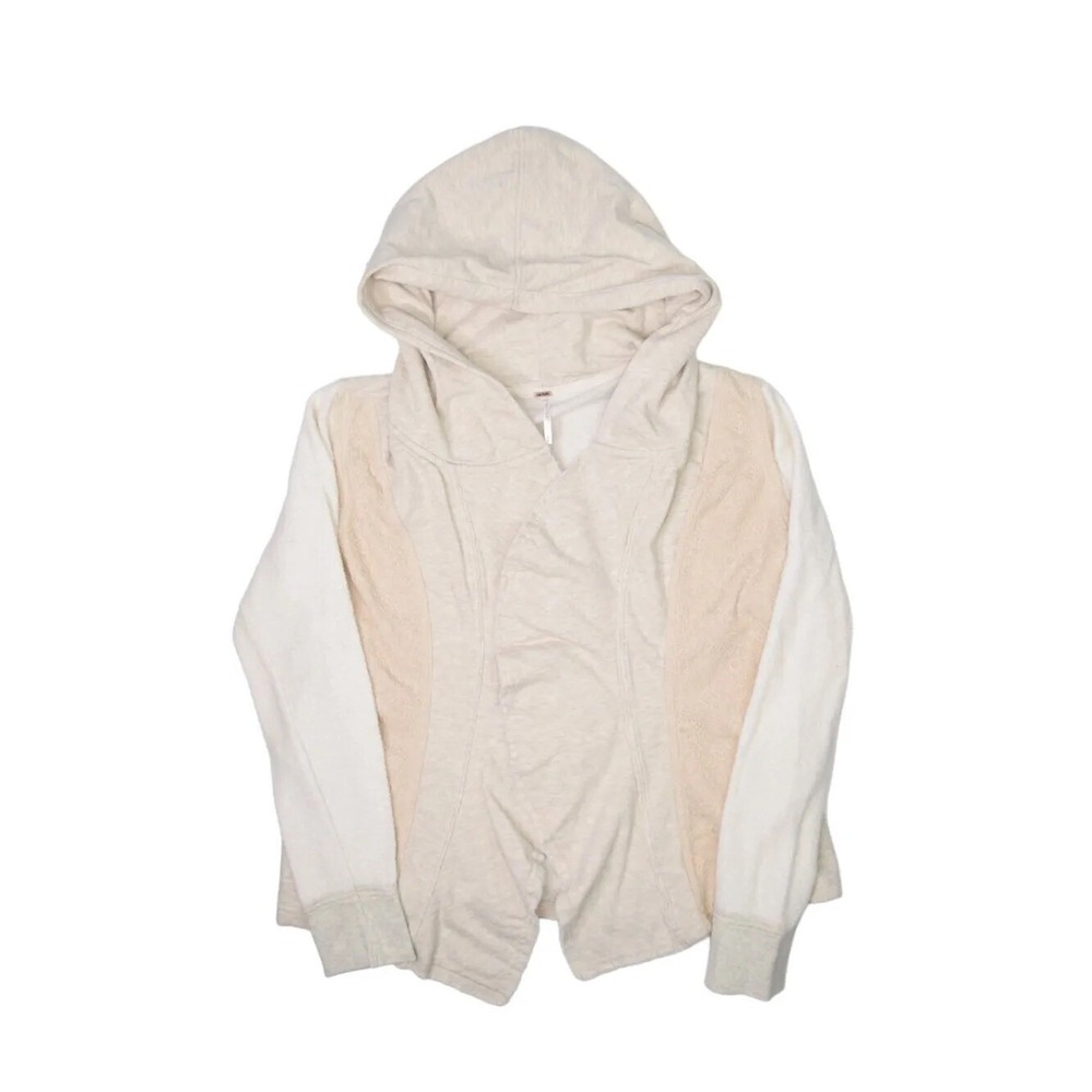 Free People Sweatshirt Womens M Open Front Hooded Beige Floral Lace Wrap Boho